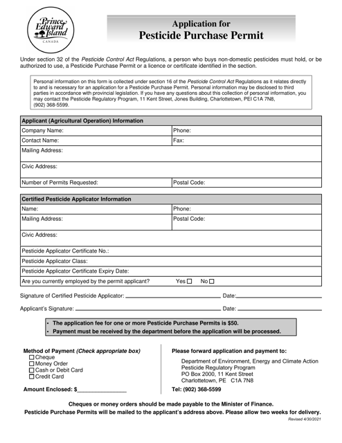 Application for Pesticide Purchase Permit - Prince Edward Island, Canada