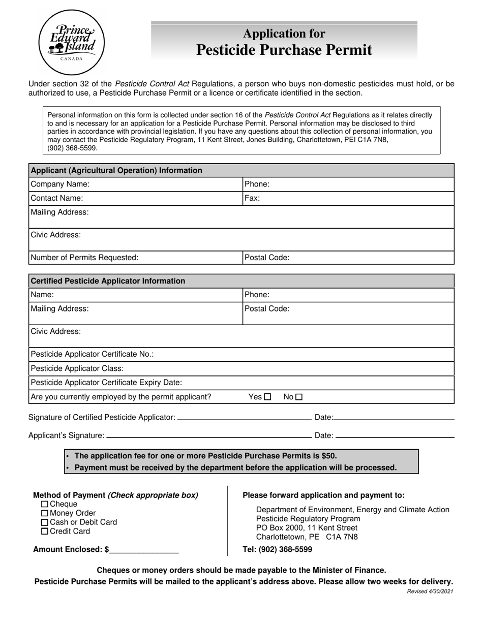Application for Pesticide Purchase Permit - Prince Edward Island, Canada, Page 1