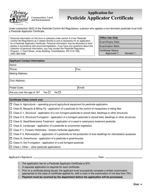 Application for Pesticide Applicator Certificate - Prince Edward Island, Canada Download Pdf