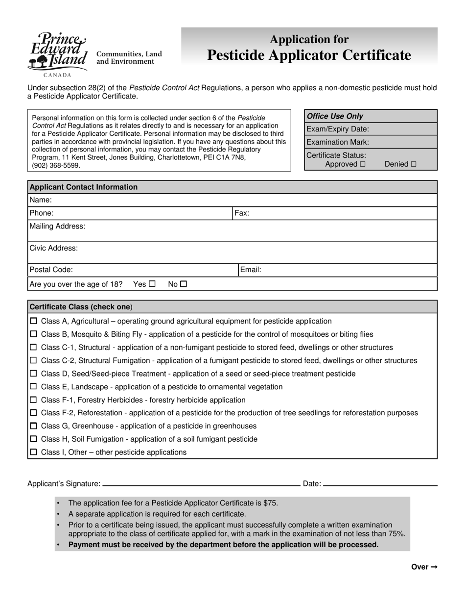Application for Pesticide Applicator Certificate - Prince Edward Island, Canada, Page 1