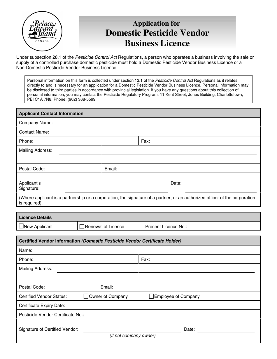 Application for Domestic Pesticide Vendor Business Licence - Prince Edward Island, Canada, Page 1