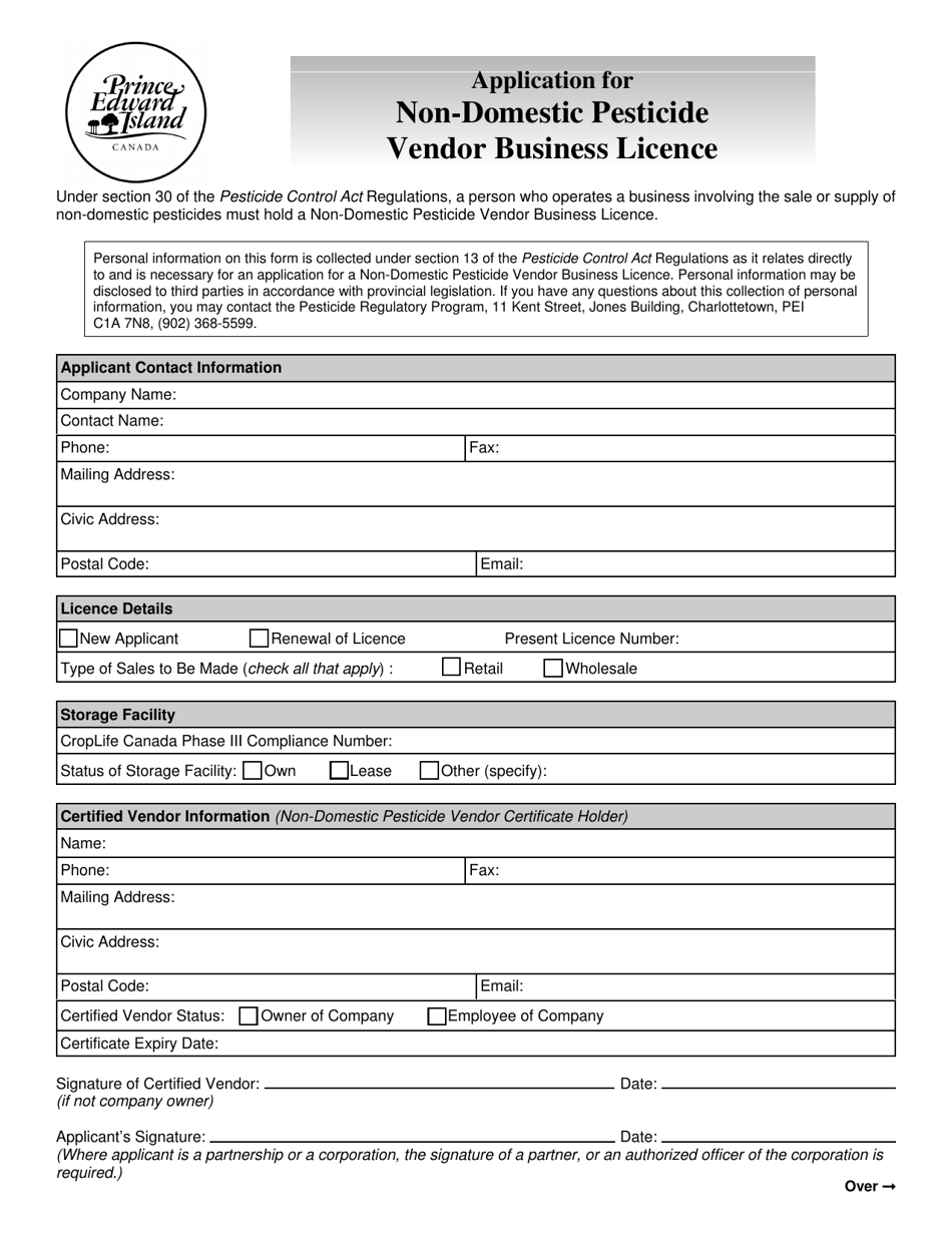 Application for Non-domestic Pesticide Vendor Business Licence - Prince Edward Island, Canada, Page 1