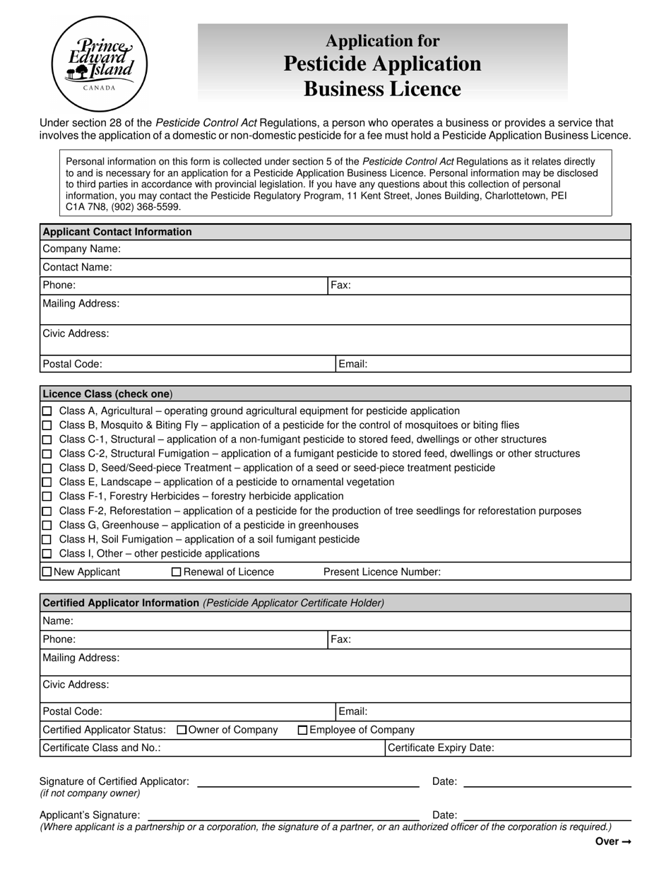 Application for Pesticide Application Business Licence - Prince Edward Island, Canada, Page 1