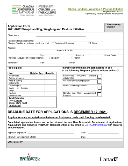Application Form - Sheep Handling, Weighing and Pasture Initiative - New Brunswick, Canada Download Pdf