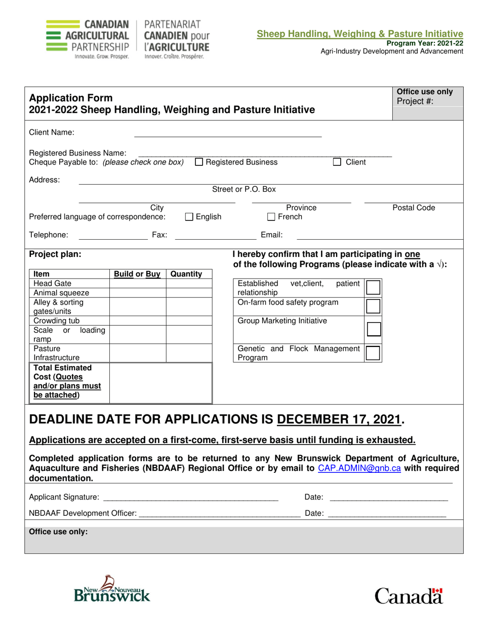 Application Form - Sheep Handling, Weighing and Pasture Initiative - New Brunswick, Canada, Page 1