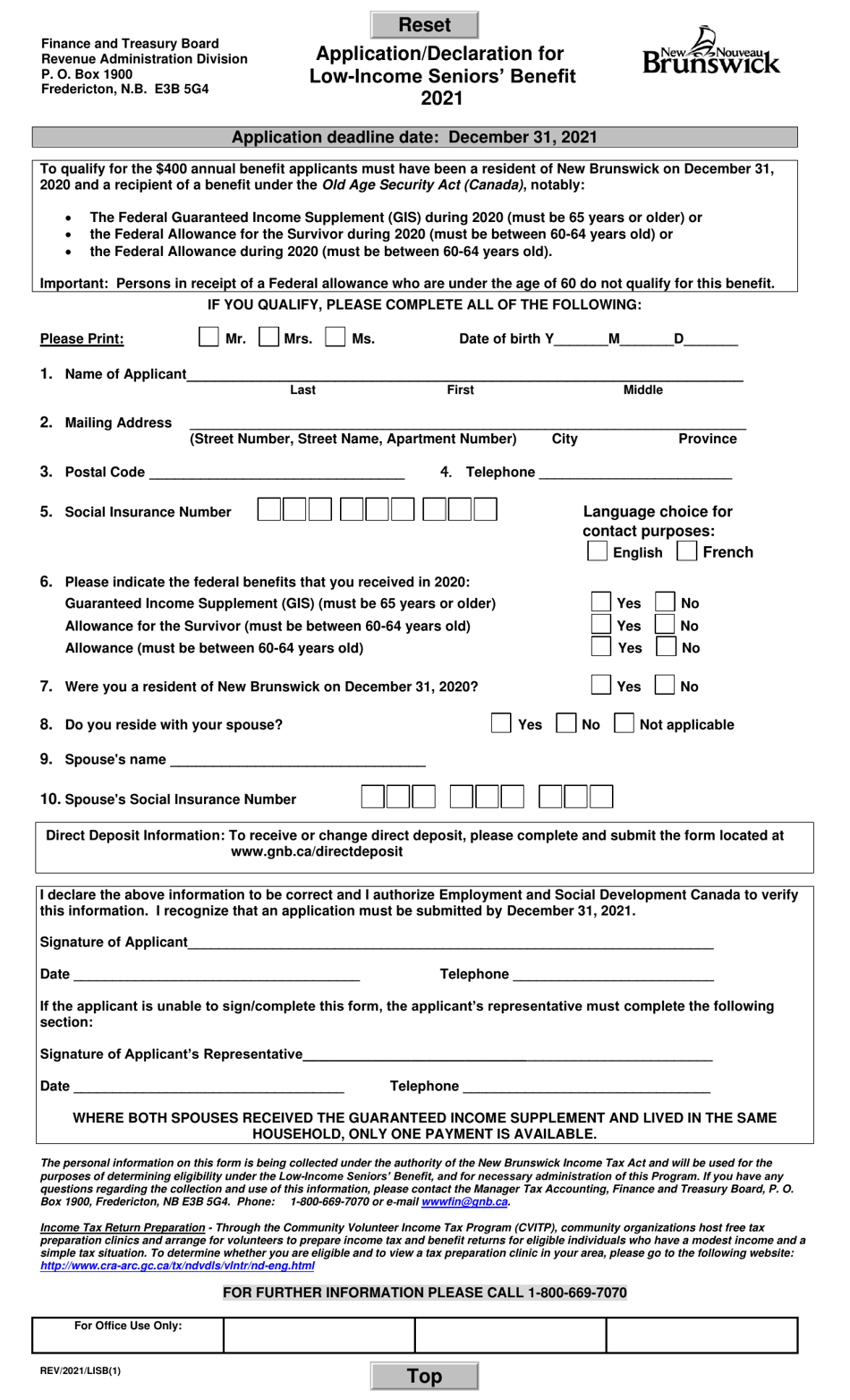 Application / Declaration for Low-Income Seniors Benefit - New Brunswick, Canada, Page 1