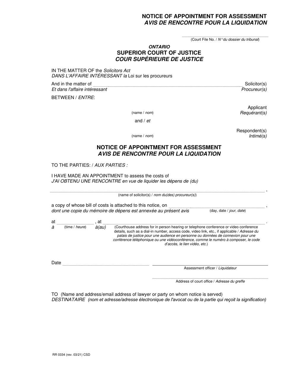 Form RR0334 Notice of Appointment for Assessment - Ontario, Canada (English / French), Page 1