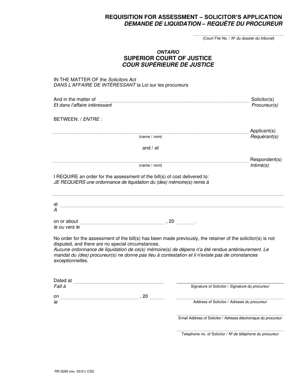 Form RR0289 Requisition for Assessment - Solicitors Application - Ontario, Canada (English / French), Page 1