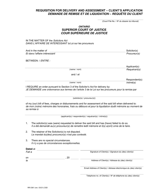 Form RR0361 Requisition for Delivery and Assessment - Client's Application - Ontario, Canada (English/French)