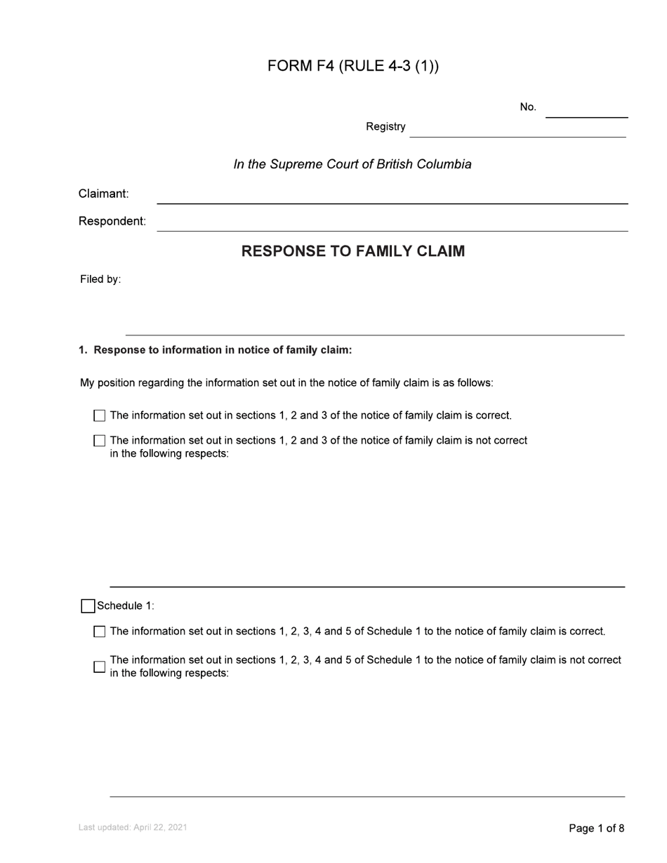 Form F4 Response to Family Claim - British Columbia, Canada, Page 1