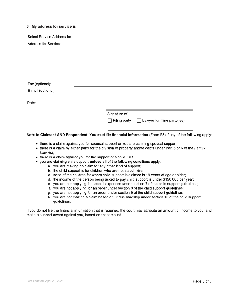 Form F4 Response to Family Claim - British Columbia, Canada, Page 5