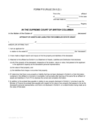 Form P10 Affidavit of Assets and Liabilities for Domiciled Estate Grant - British Columbia, Canada