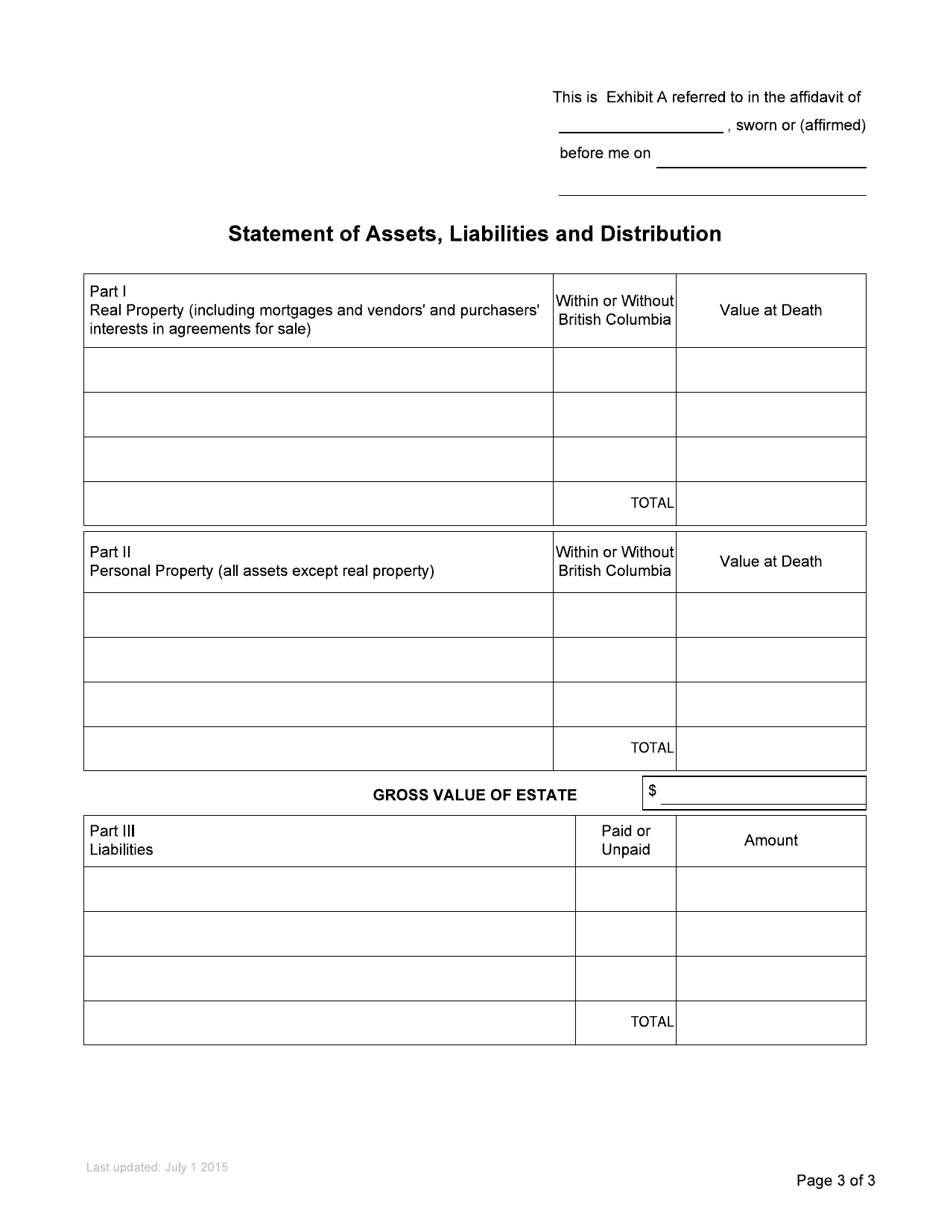 Form P10 Affidavit of Assets and Liabilities for Domiciled Estate Grant - British Columbia, Canada, Page 3