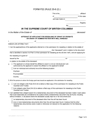 Form P22 Affidavit of Applicant for Resealing of Grant of Probate or Grant of Administration With Will Annexed - British Columbia, Canada