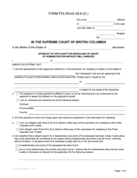 Form P23 Affidavit of Applicant for Resealing of Grant of Administration Without Will Annexed - British Columbia, Canada