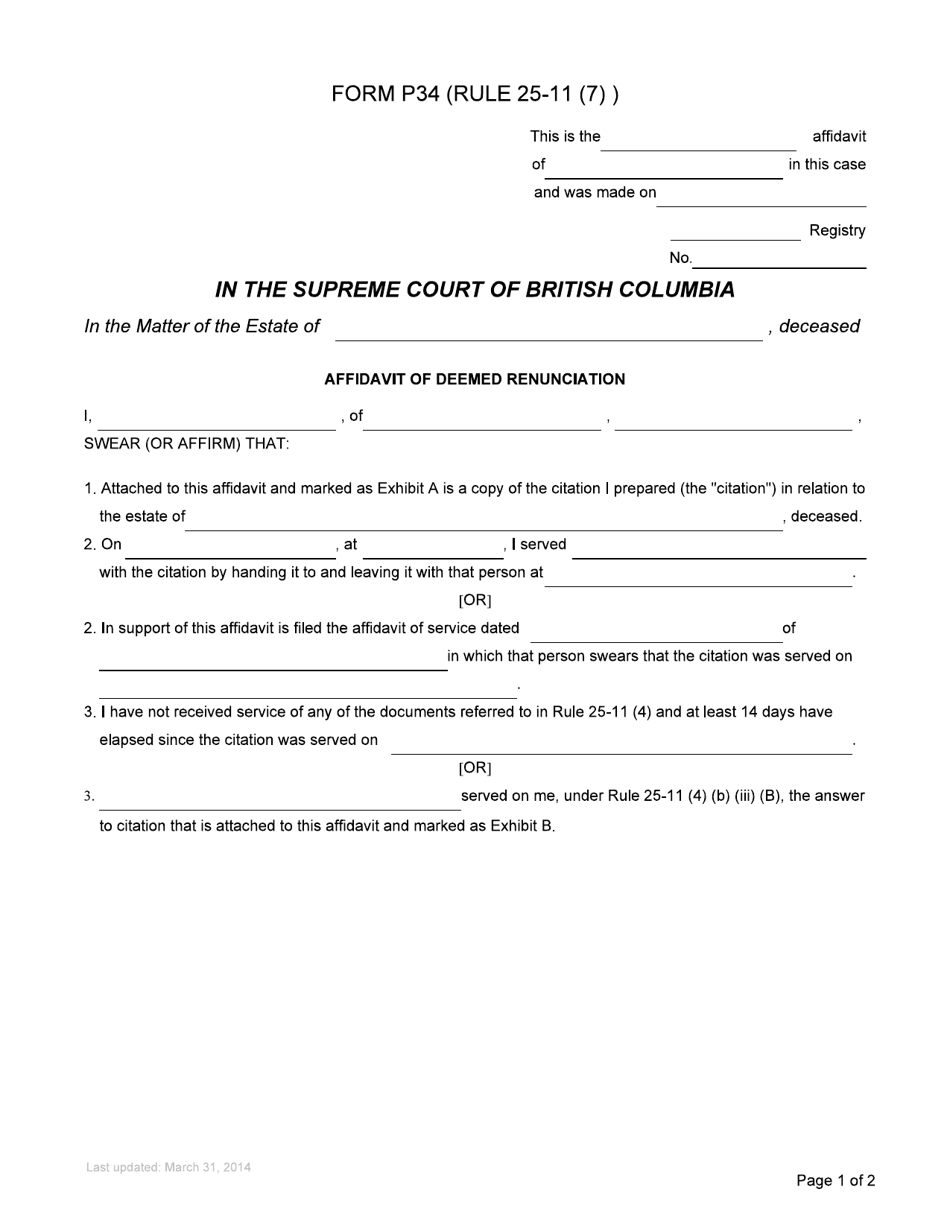 Form P34 Affidavit of Deemed Renunciation - British Columbia, Canada, Page 1