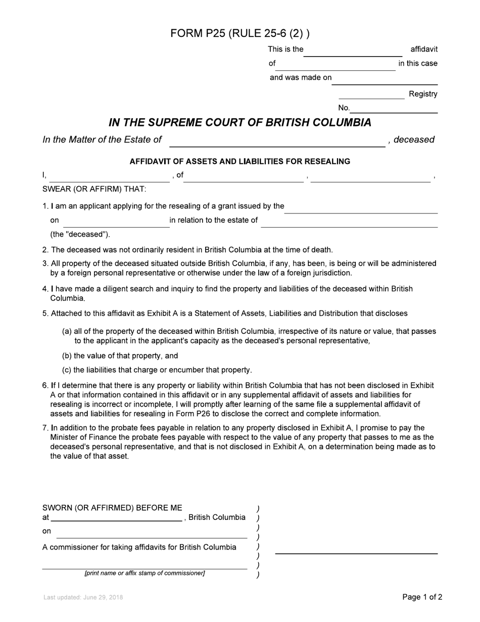 Form P25 Affidavit of Assets and Liabilities for Resealing - British Columbia, Canada, Page 1