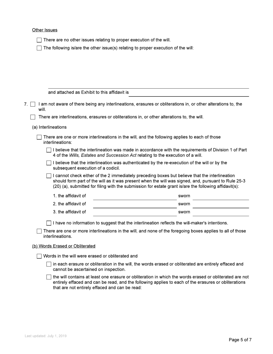 Form P4 Affidavit of Applicant for Grant of Probate or Grant of Administration With Will Annexed (Long Form) - British Columbia, Canada, Page 5