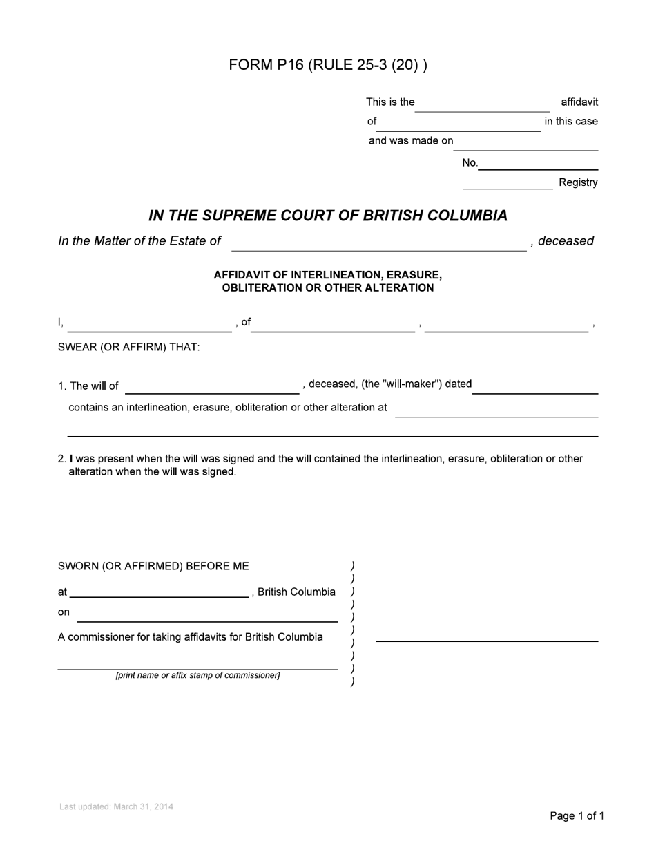 Form P16 Affidavit of Interlineation, Erasure, Obliteration or Other Alteration - British Columbia, Canada, Page 1