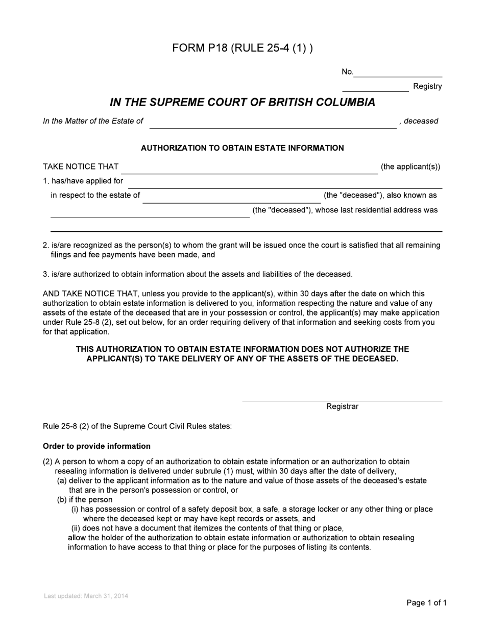 Form P18 Authorization to Obtain Estate Information - British Columbia, Canada, Page 1