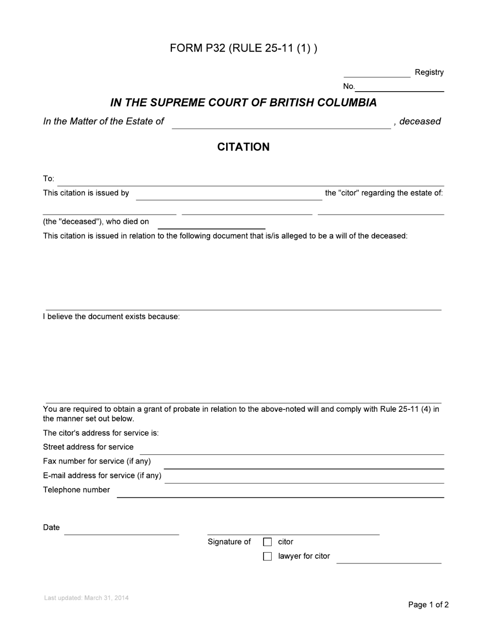 Form P32 Citation - British Columbia, Canada, Page 1