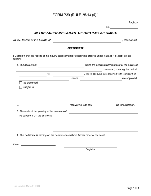 Form P39 Certificate - British Columbia, Canada