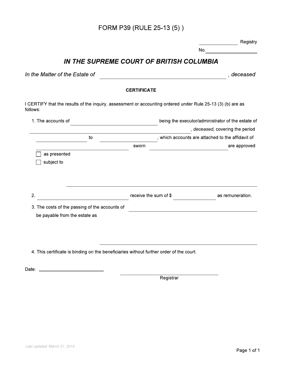 Form P39 Certificate - British Columbia, Canada, Page 1