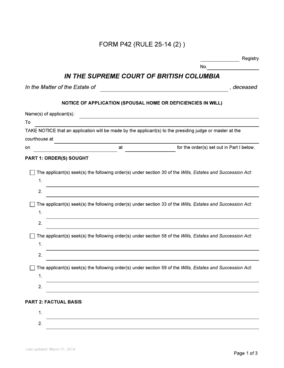 Form P42 Notice of Application (Spousal Home or Deficiencies in Will) - British Columbia, Canada, Page 1