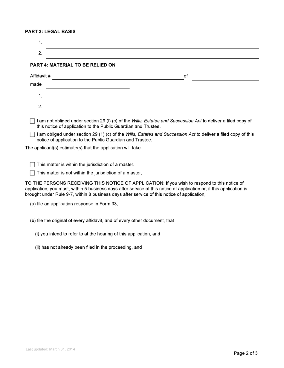 Form P42 Notice of Application (Spousal Home or Deficiencies in Will) - British Columbia, Canada, Page 2