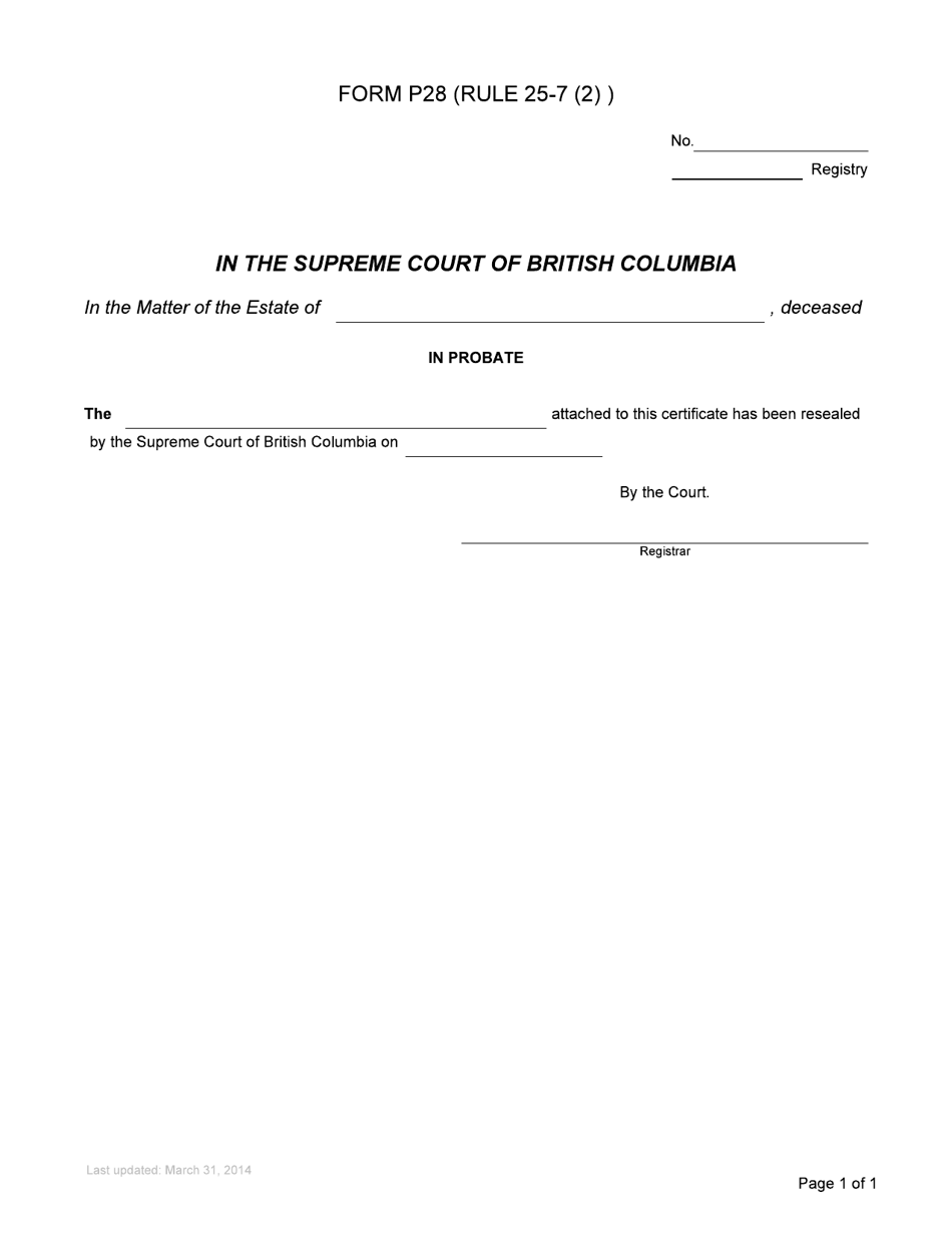 Form P28 Certificate of Resealing - British Columbia, Canada, Page 1