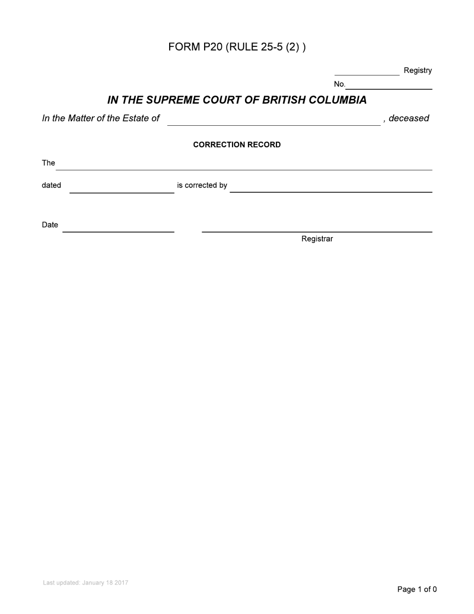 Form P20 Correction Record - British Columbia, Canada, Page 1