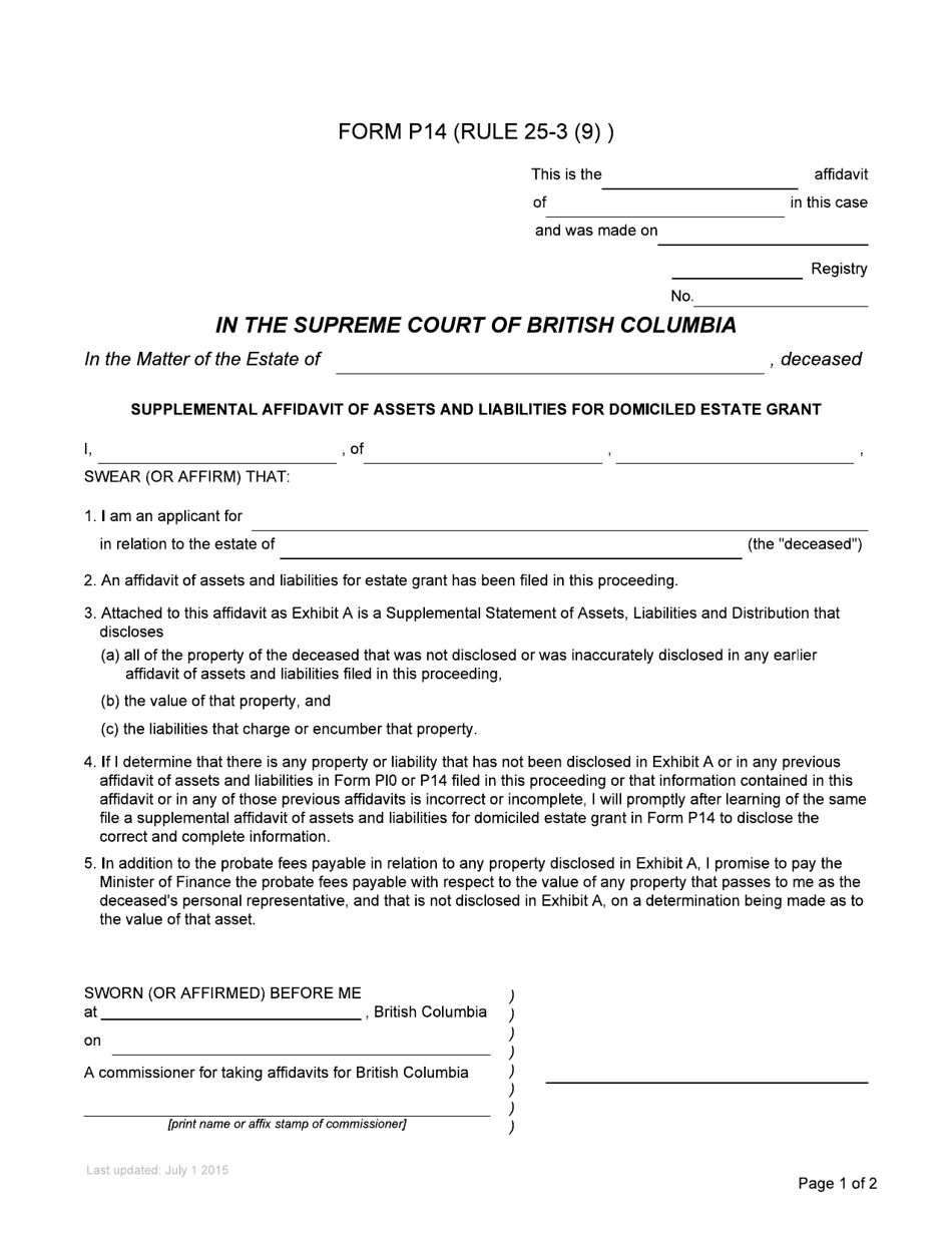 Form P14 Supplemental Affidavit of Assets and Liabilities for Domiciled Estate Grant - British Columbia, Canada, Page 1