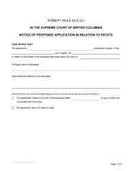 Form P1 &quot;Notice of Proposed Application in Relation to Estate&quot; - British Columbia, Canada