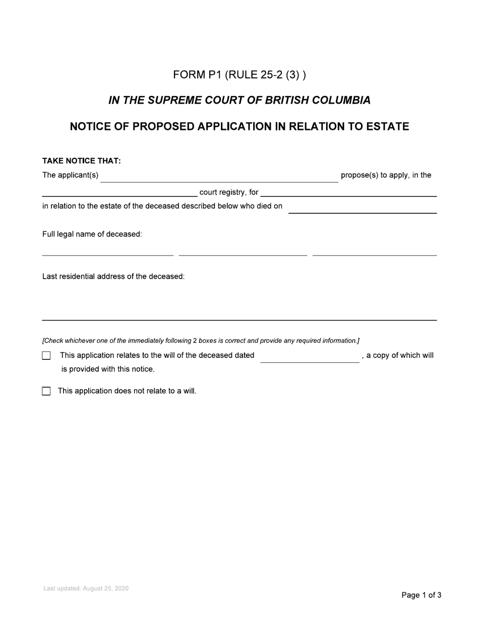 Form P1 Notice of Proposed Application in Relation to Estate - British Columbia, Canada, Page 1