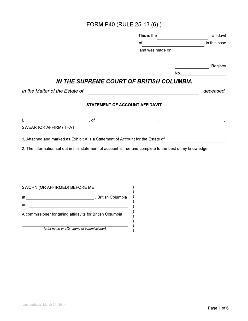 Form P40 Statement of Account Affidavit - British Columbia, Canada, Page 1