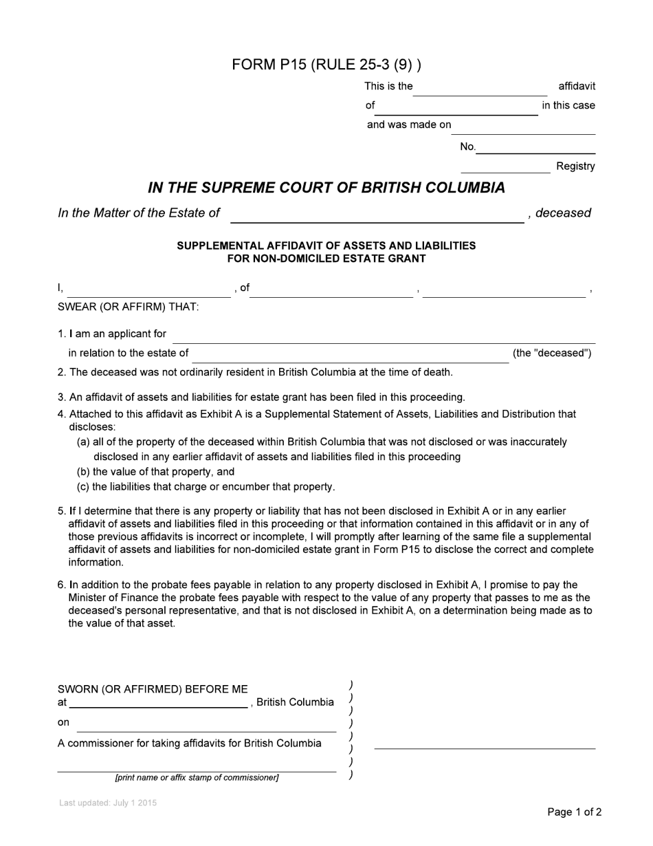 Form P15 Supplemental Affidavit of Assets and Liabilities for Non-domiciled Estate Grant - British Columbia, Canada, Page 1