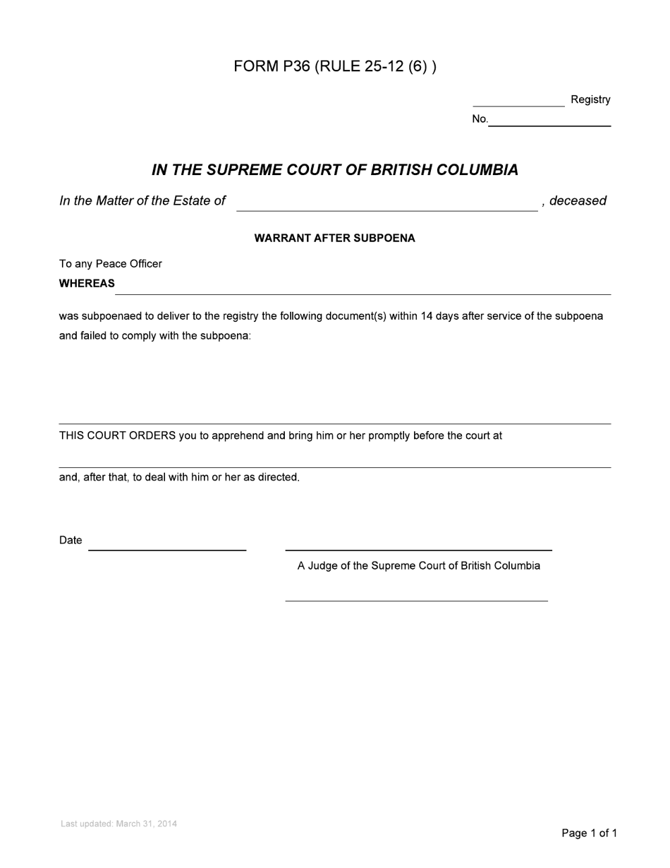 Form P36 Warrant After Subpoena - British Columbia, Canada, Page 1