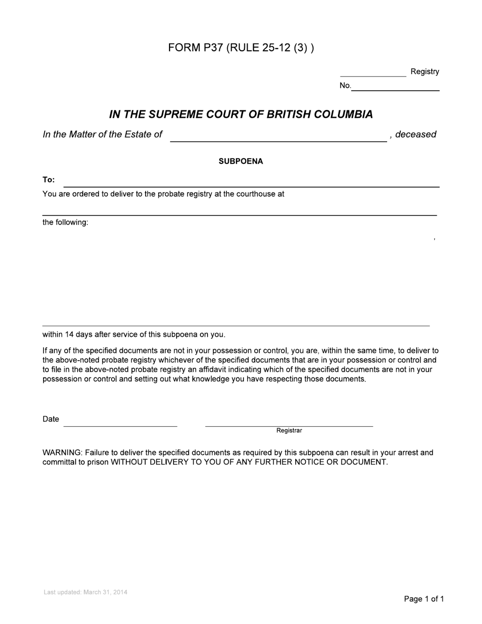 Form P37 Subpoena - British Columbia, Canada, Page 1