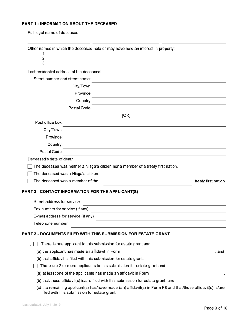 Form P2 Submission for Estate Grant - British Columbia, Canada, Page 3
