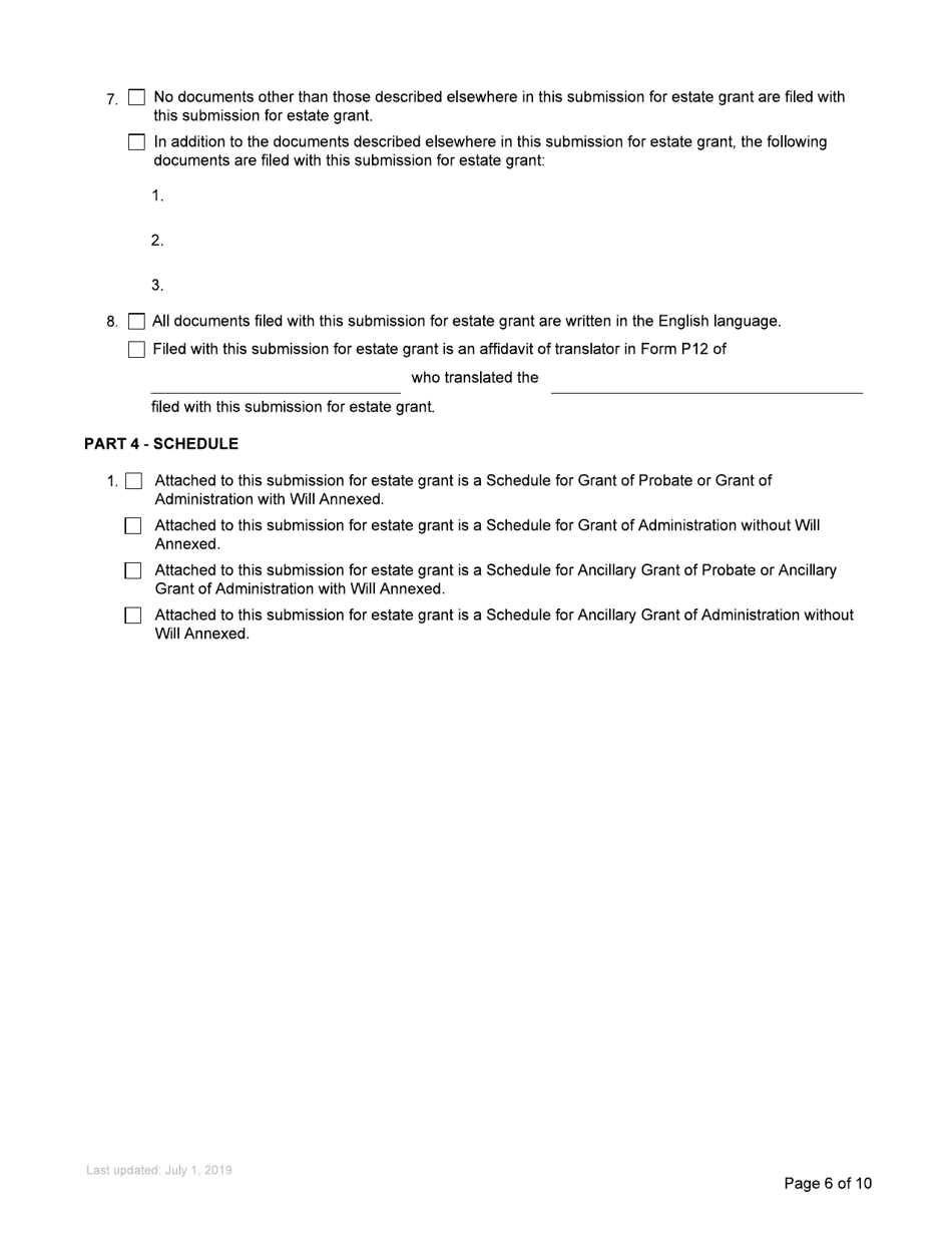 Form P2 Submission for Estate Grant - British Columbia, Canada, Page 6