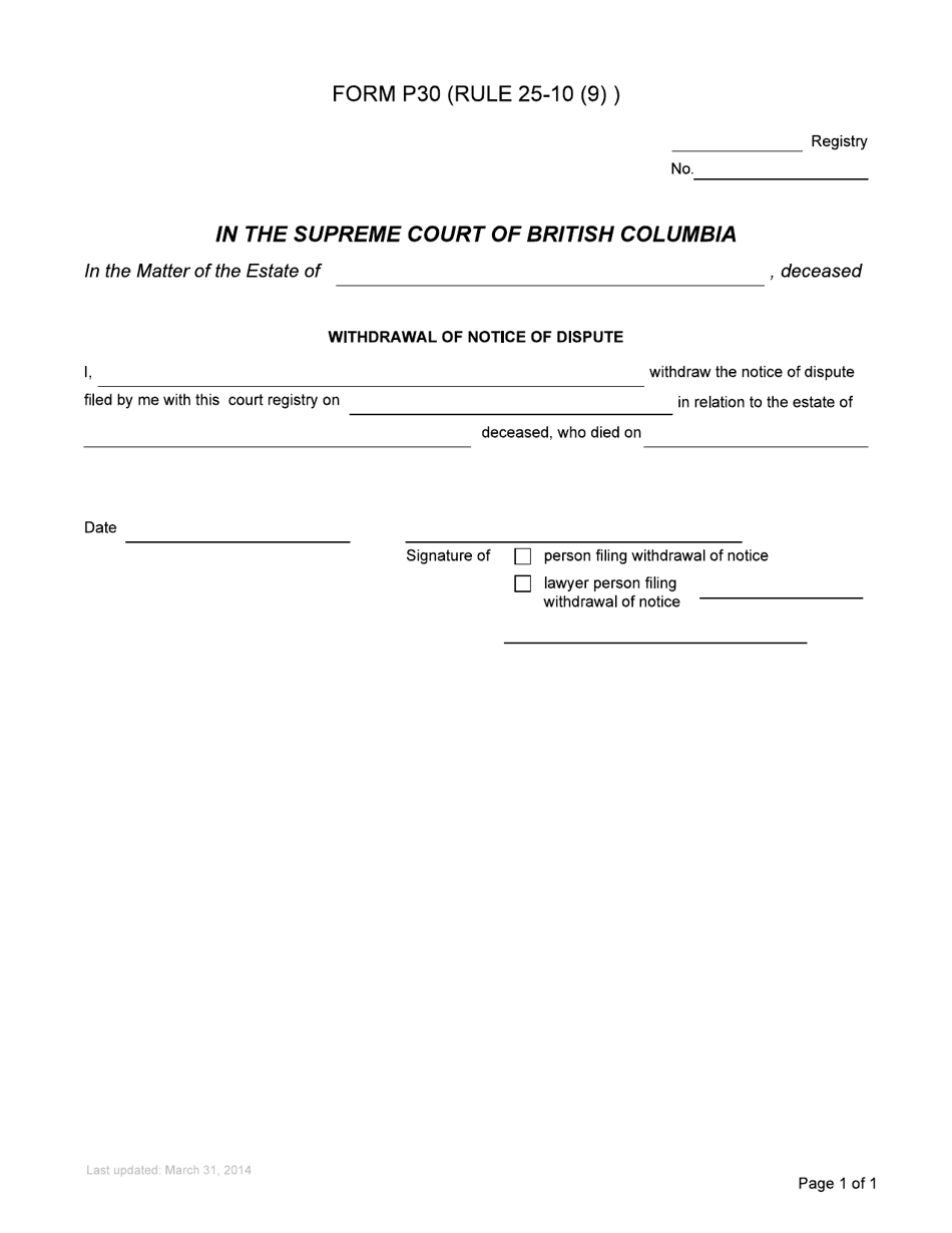 Form P30 Withdrawal of Notice of Dispute - British Columbia, Canada, Page 1