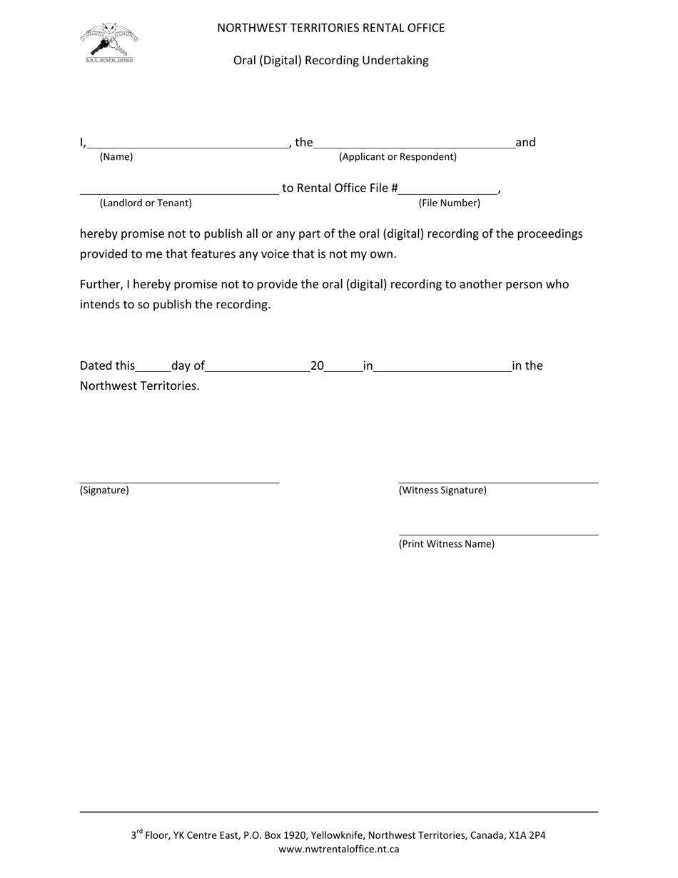 Oral (Digital) Recording Undertaking - Northwest Territories, Canada, Page 1