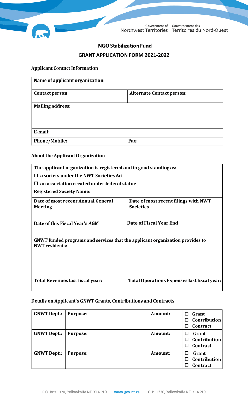 Ngo Stabilization Fund Grant Application Form - Northwest Territories, Canada, Page 1