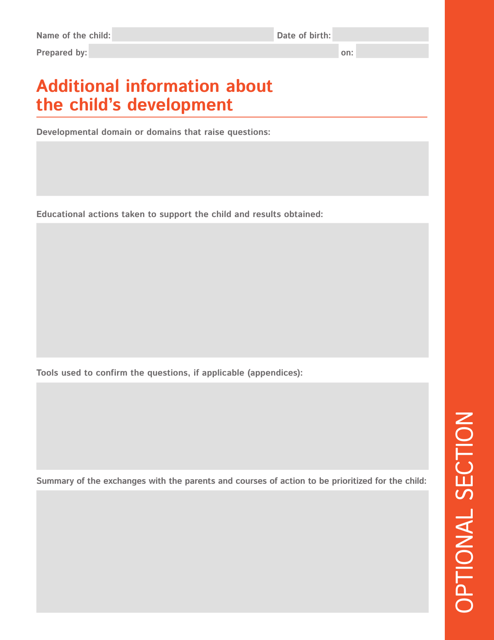 Additional Information About the Child's Development - the Child's Education Record in an Educational Childcare Establishment - Quebec, Canada Download Pdf