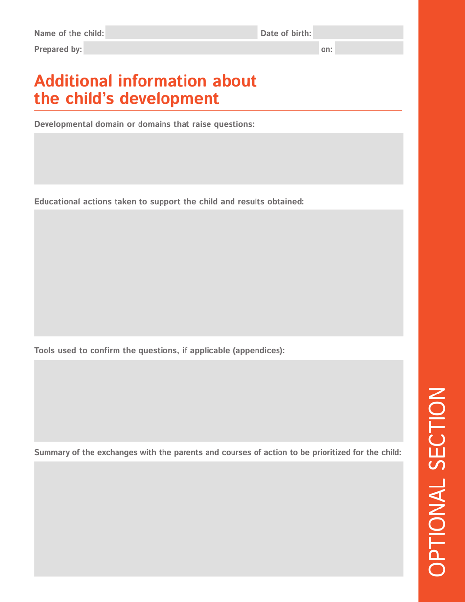 Additional Information About the Childs Development - the Childs Education Record in an Educational Childcare Establishment - Quebec, Canada, Page 1