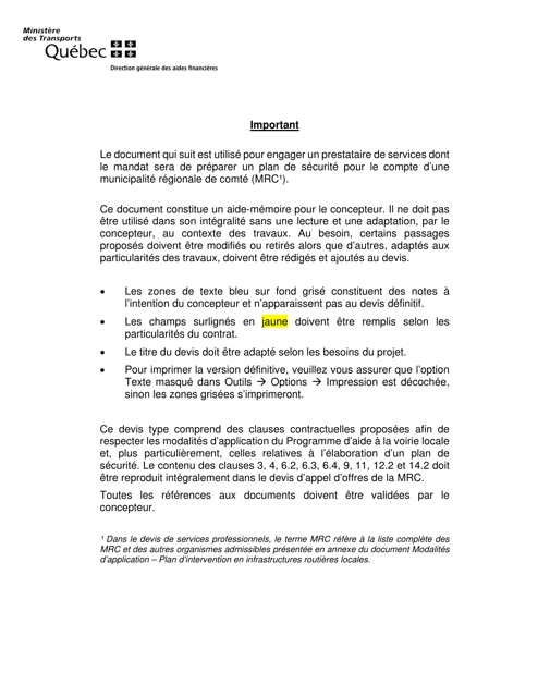 Devis Type De Services Professionnels - Elaboration D'un Plan De Securite - Quebec, Canada (French)