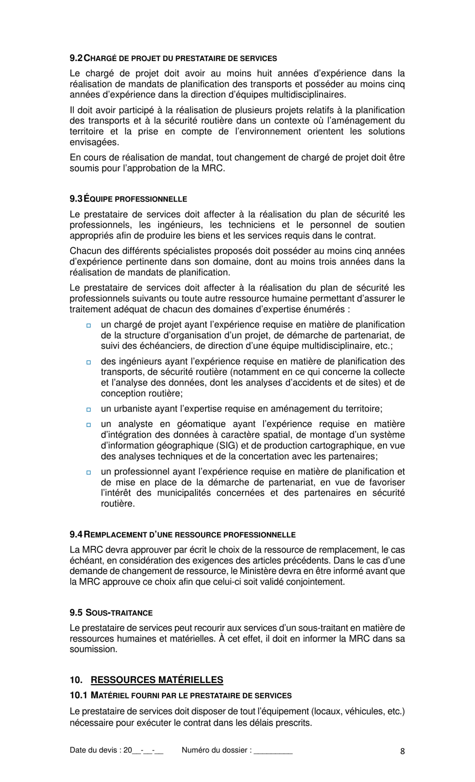 Devis Type De Services Professionnels - Elaboration Dun Plan De Securite - Quebec, Canada (French), Page 10
