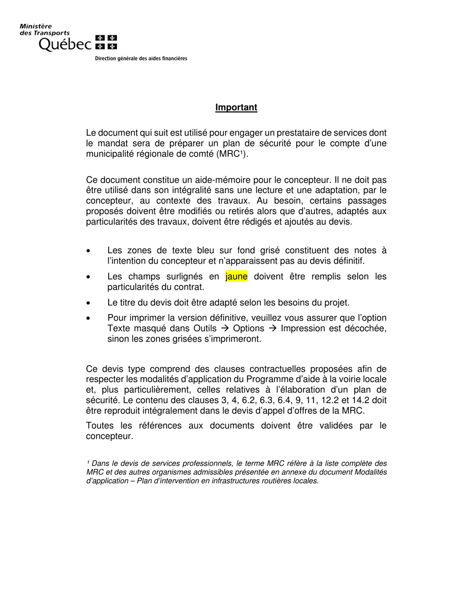 Devis Type De Services Professionnels - Elaboration Dun Plan De Securite - Quebec, Canada (French), Page 1