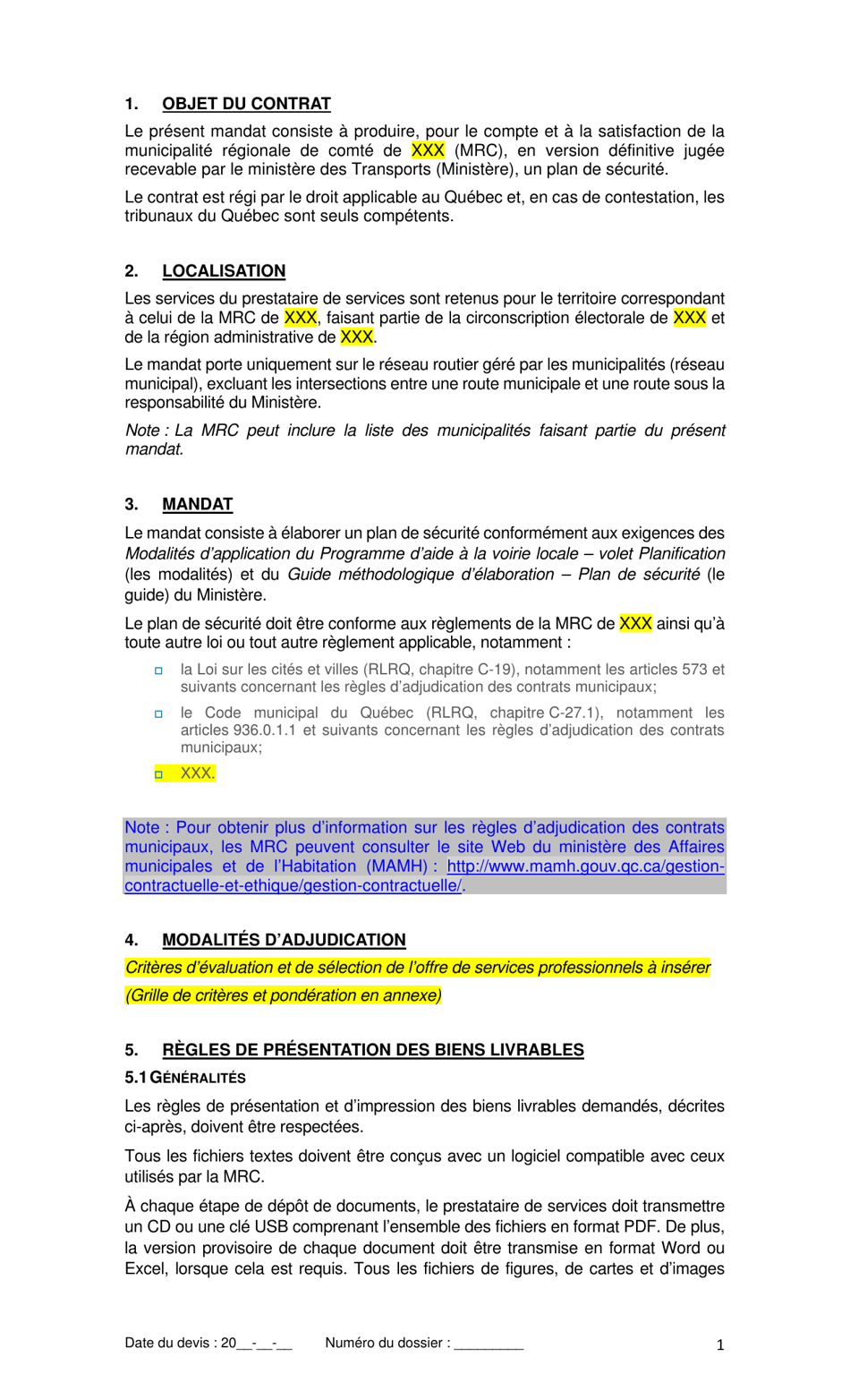Devis Type De Services Professionnels - Elaboration Dun Plan De Securite - Quebec, Canada (French), Page 3