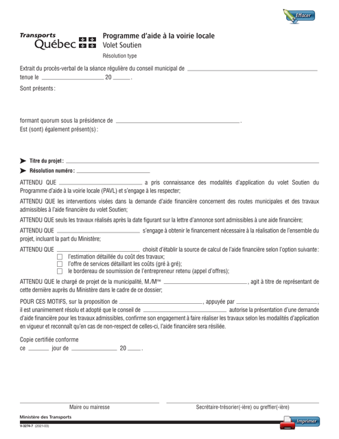 Forme V-3274-7 Programme D'aide a La Voirie Locale - Volet Soutien - Resolution Type - Quebec, Canada (French)